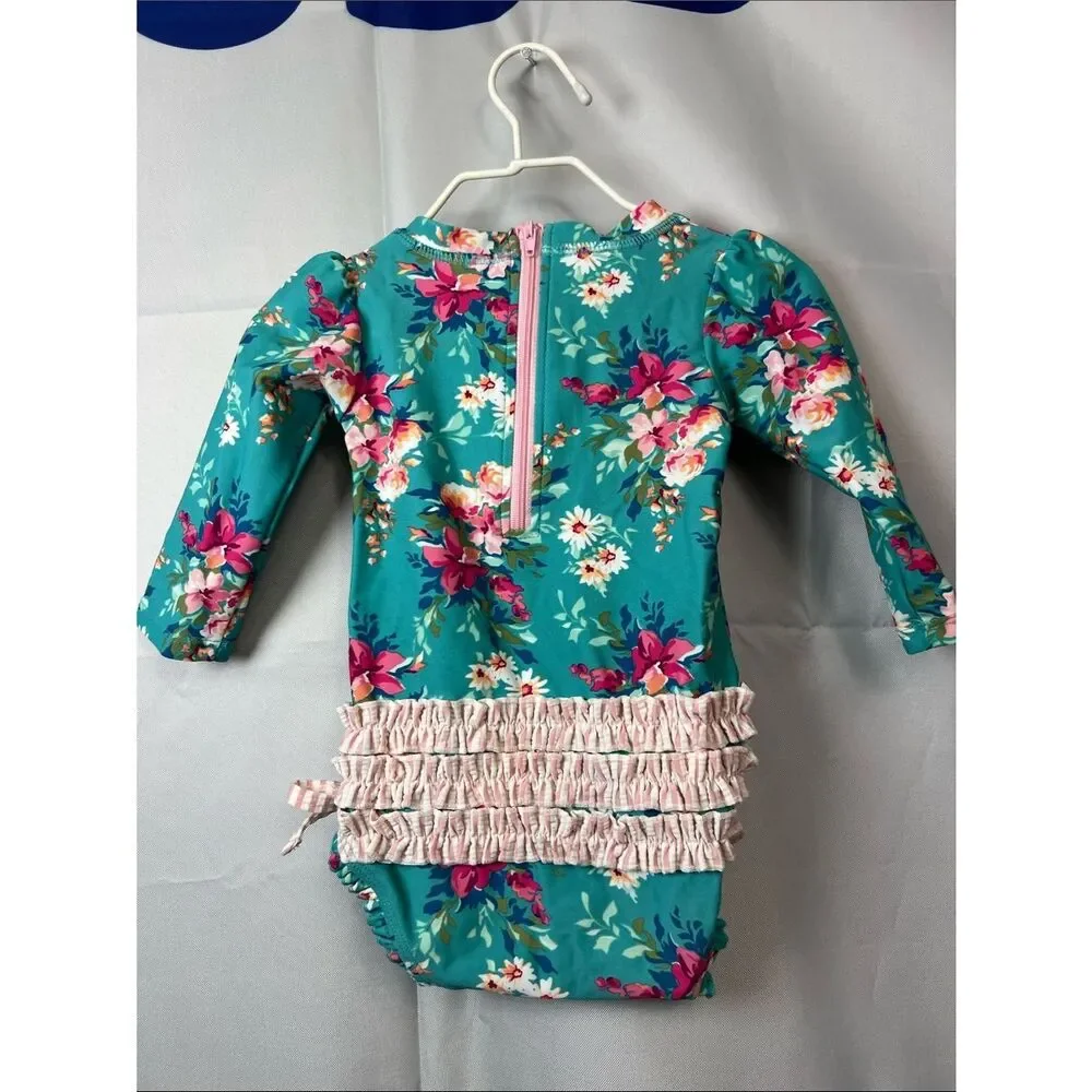 RuffleButts green and pink floral back zipper rash guard one piece swim 6-2 m